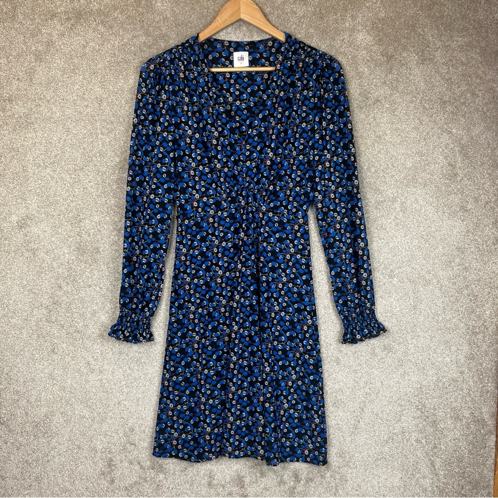 Cabi Dress Womens Small Blue Black Floral Long Sleeve Ruched Boho Fall- 3591